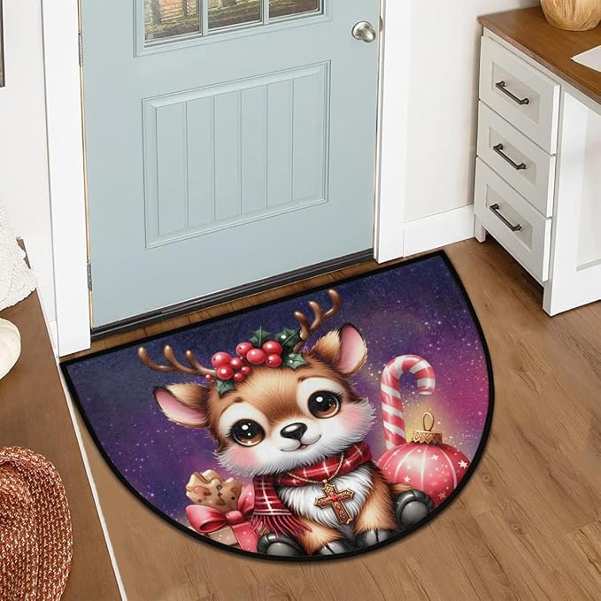 Christmas Half Round Doormat Non-Slip Semi Circle Rug Half Moon Mat | Deer Xmas Washable Soft Absorbent Indoor Outdoor Entrance Kitchen Bathroom Sink Patio Welcome Fireplace Floor Rug