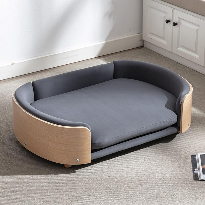 Elevated Dog Bed Pet Sofa with Solid Wood Legs and Bent Soft Backrest, Pet Cat Stool Bed with Velvet Cushion,for Large and Medium Size Dogs Kitten, Large Size