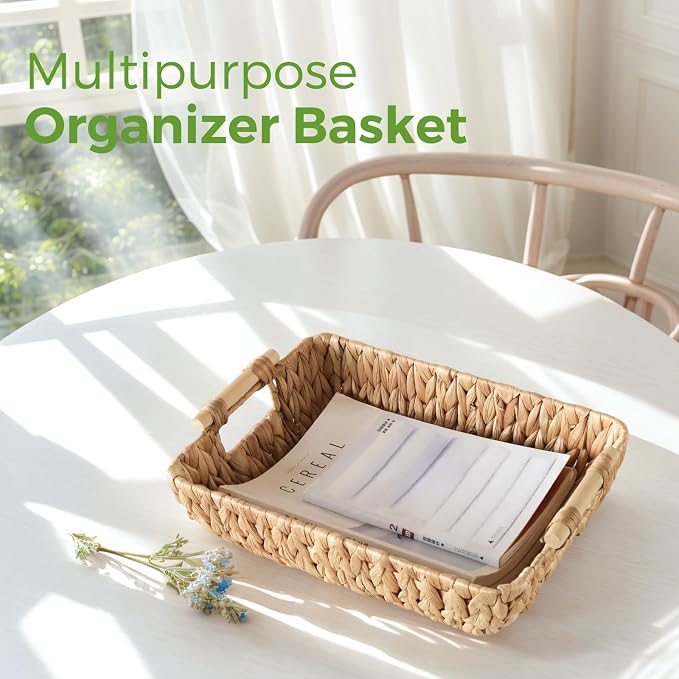 Wicker Baskets with Wooden Handles, Large Water Hyacinth Storage Baskets