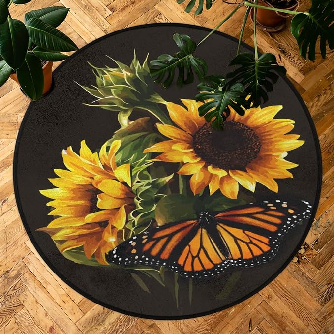 Butterfly Sunflower Round Area Rug, Sunflower Pattern Non-Slip Circle Rug for Bedroom Living Room Outdoor Study Playing Floor Mat Carpet, 5.2' Diameter