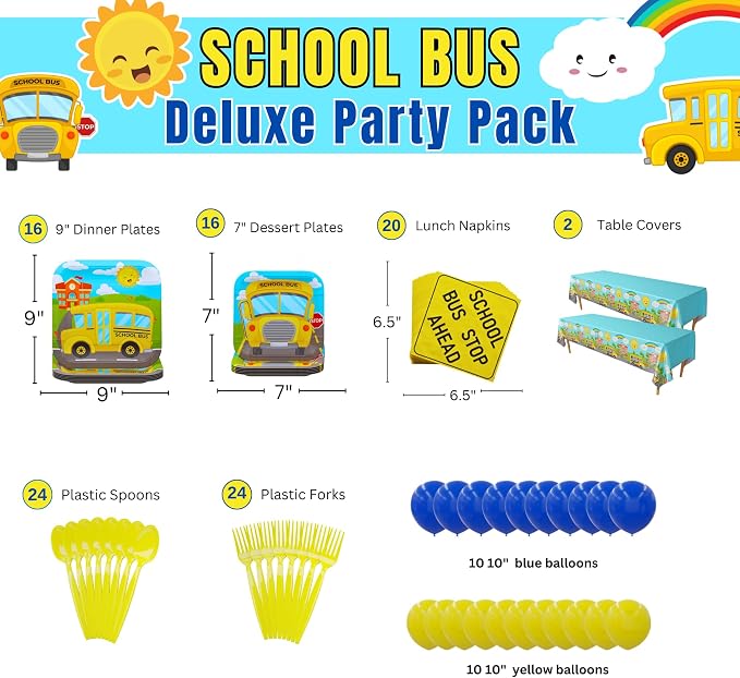 School Bus Deluxe Party Supplies Pack (122 Pieces for 16 Guests) - School Bus Party Supplies, School Bus Birthday Plates and Napkins, School Graduation Decorations, Transportation Party, Blue Orchards