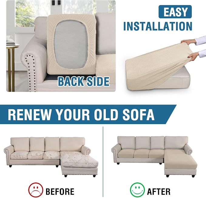 H.VERSAILTEX Sectional Couch Covers 4 Pieces Sofa Seat Cushion Covers L Shape Separate Cushion Couch Chaise Cover for Both Left/Right Sectional Couch (Seat Only: 1 Chaise + 3 Sofa, Natural)