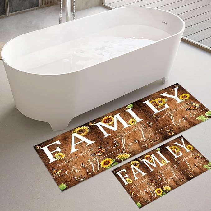 GUBIYU Kitchen Rug Set of 2, Rustic Brown Wood Grain Sunflower Living Room Rugs Anti Fatigue Kitchen Mats Non Skid Waterproof Kitchen Rugs Farmhouse Comfort Standing Kitchen Mats for Floor Home Office