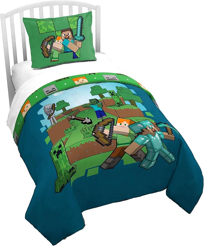 Jay Franco Duvet Cover Set – 2 Piece Comforter Cover and Sham Set, Super Soft Cozy Kids Bedding (Insert Not Included) Blue - Minecraft, Twin