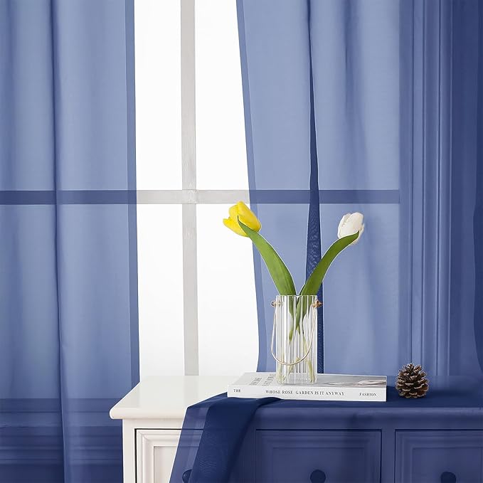Lecloud Royal Blue Sheer Curtains 90 Inches Long 2 Panels, Living Room Curtains - Image 7