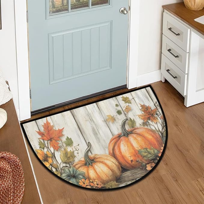 Pardick Half Round Door Mat Vintage Pumpkin Wood Anti-Slip Semi Circle Rug 24X36 Entrance Welcome Mats Indoor Outdoor Door Mat, Washable Decorative Floor Mats for Kitchen Bathroom Hearth Fireplace