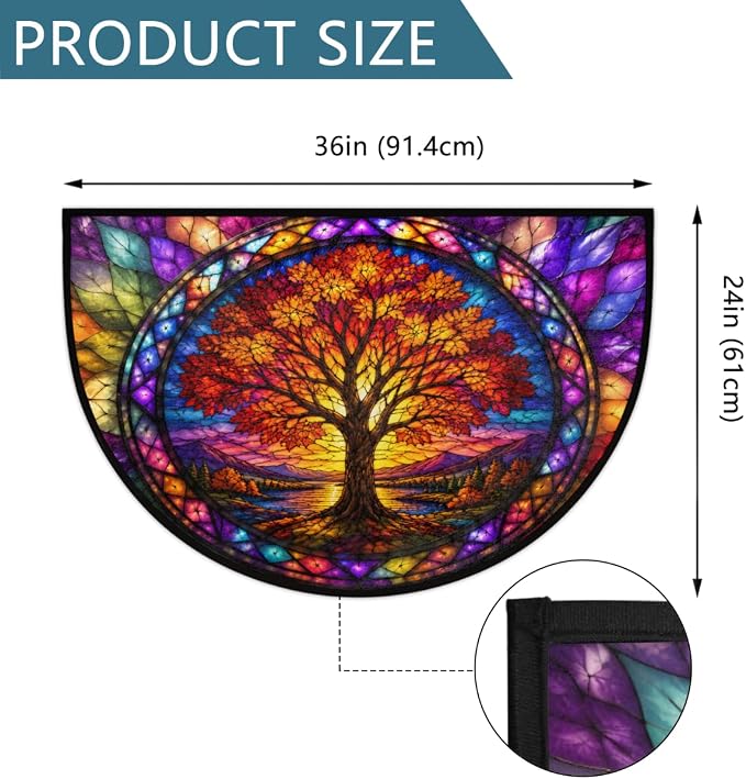 Pardick Tree Half Round Door Mat Welcome Entrance Mat Bath Bathroom Rug A5 | Tree Glass Painting Welcome Entrance Mat Anti-Slip Half Moon Bath Mat Semi Circle Rug Indoor Outdoor Kitchen Rug