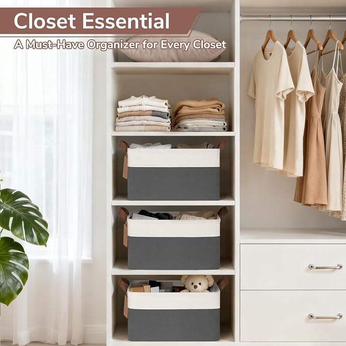 CHICVITA 4 Pack Fabric Storage Bins for Shelves, Gray & White | 14.8 × 10.3 × 8.3 in, Metal Frame, Leather Handles, Nursery & Living Room Organization, Toys, Clothes & Books Storage
