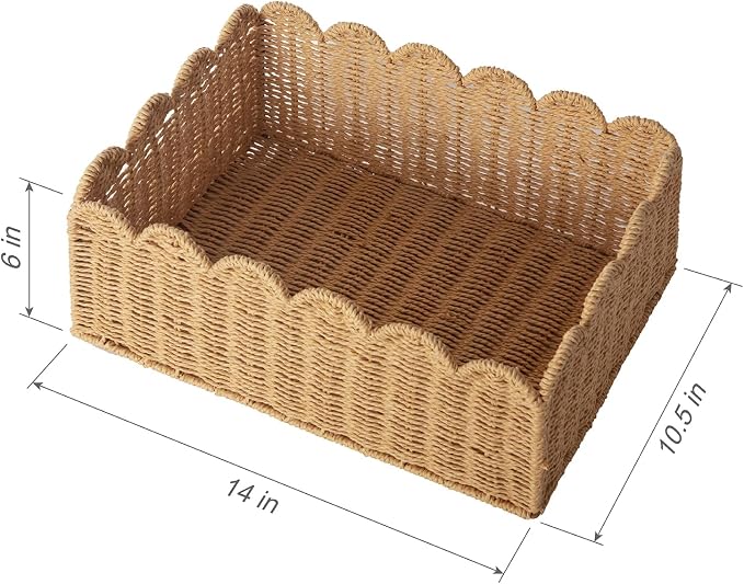 Scalloped Basket, Wicker Storage Baskets, Hand Woven Baskets for Shelves,Natural Baskets for Organizing (M-14" L x 10.5" W x 6" H)