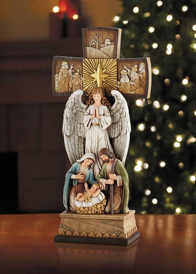 Avalon Gallery Christmas Figurines - Joseph Mary with Jesus and Angel Standing Cross Centerpiece Figurine, 14-Inch, Nativity Cross
