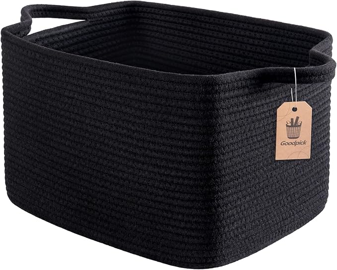 Goodpick Cotton Rope Storage Basket for Shelves, 13" x 10" x 9", Black | Gift Basket for Books, Toys & Towels Storage, Living Room & Bedroom Organization, Built-In Handles, Stylish Home Decor
