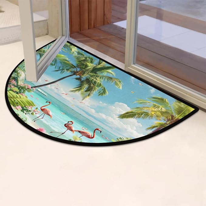 Half Round Doormat Summer Flamingo Beach Flowers Non Slip Half Circle Area Rugs Indoor Washable Half Moon Rug Semi Circle Bathroom Runner Mat Entrance Floor Carpet for Kithen Bedroom Fireplace Decor