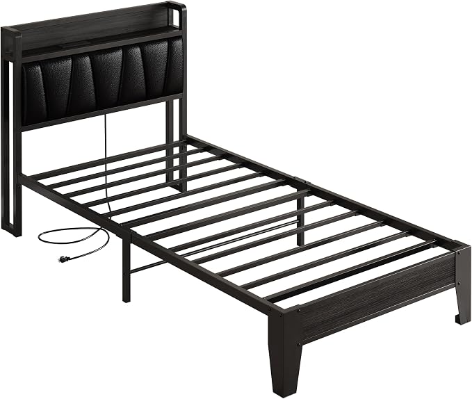 LIKIMIO Twin XL Bed Frames, PU Leather Storage Headboard with Charging Station, Solid and Stable, Noise Free, No Box Spring Needed, Easy Assembly, Black
