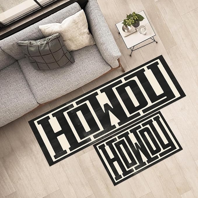 GUBIYU Kitchen Rugs Set of 2 Farmhouse Howdy Door Mat Beige Area Rug Runner Rugs for Living Room,Decorative Home Indoor Outdoor Front Porch Door Mat,Black Trendy Stuff Howdy Preppy Decor Washable Rugs