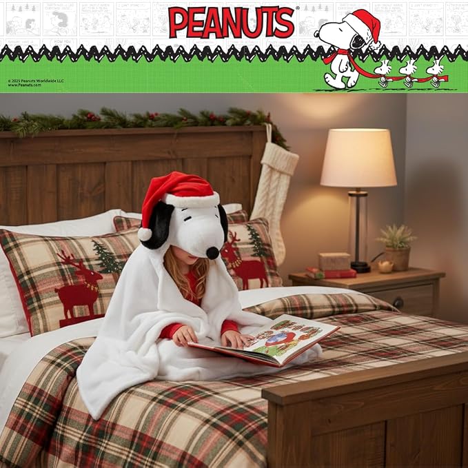 Peanuts Snoopy Santa Hat Hooded Throw - Kids Holiday Christmas Bedding Super Soft Throw Blanket - 30 in x 50 in, (Officially Licensed Product) by Franco