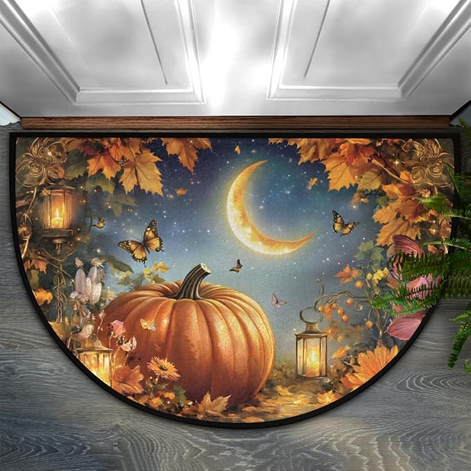 Pumpkin Maple Leaf Butterfly Half Round Door Mat Non-Slip Soft Doormats for Home Indoor Outdoor Entrance Bath Carpet Area Rugs for Home Dining Living Room Bedroom 36" X 24"