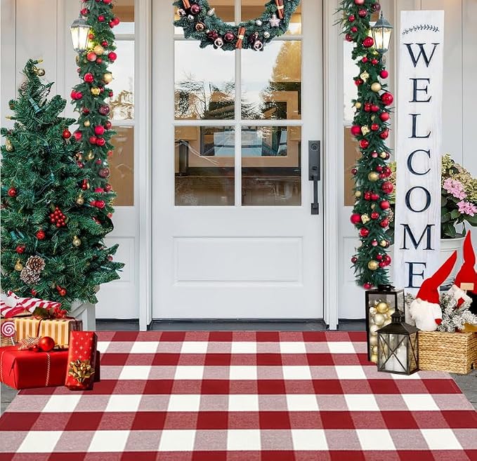 USTIDE Red and White Buffalo Plaid Rug 3'x5', Christmas Front Porch Rug Cotton Hand-Woven Checkered Outdoor Rug Washable Layered Door Mats Carpet for Porch/Entryway