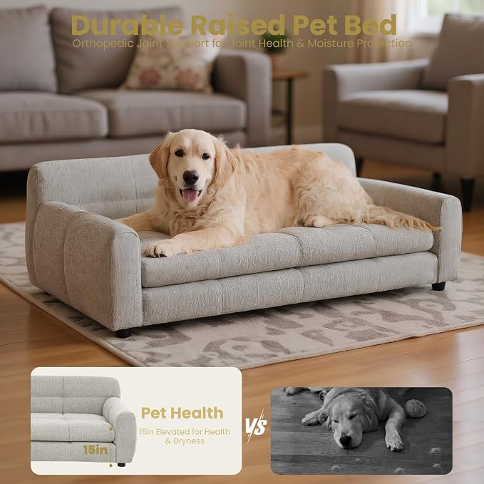 51" XL Dog Bed Couch, Elevated Large Dog Sofa with Backrest and Armrests, Soft Memory Foam Extra Large Pet Bed with Removable Cushion, Durable Linen Pet Couch Furniture, Beige
