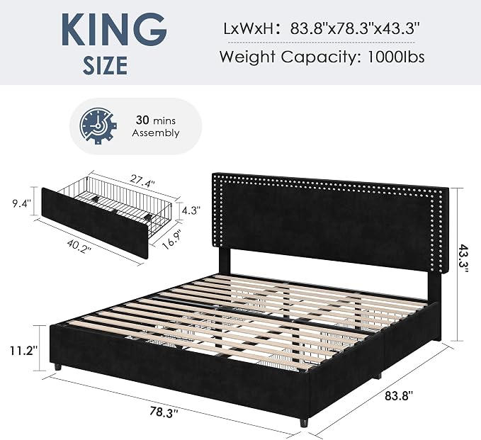 VECELO King Size Upholstered Bed Frame with 4 Storage Drawers, Adjustable Velvet Rivet Decor Headboard, Wooden Slats Platform Support, No Box Spring Needed, Easy Assembly,Black
