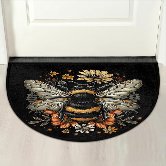 Bee Animals Half Round Door Mat Non Slip Half Circle Rugs | Animals Flowers Washable Half Moon Rug Semi Circle Rugs Indoor Entrance Floor Carpet for Kithen Bedroom Fireplace Decor