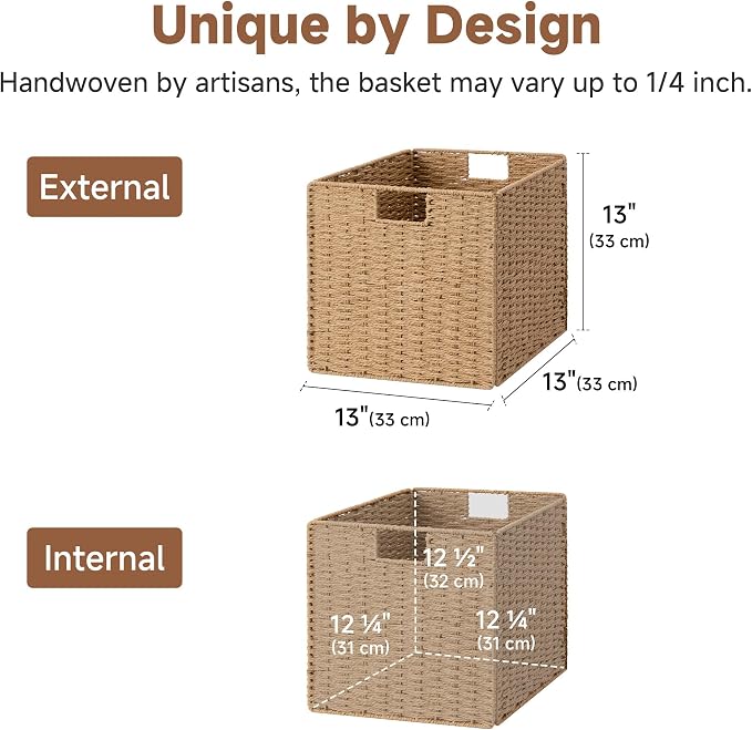 StorageWorks 13 inch Wicker Storage Baskets,Foldable Wicker Baskets,Natural | 2-Pack,Handwoven Organizer Baskets, Wicker Baskets for Organizing,Paper Rope Square Storage Cubes,Square Baskets,Woven Basket