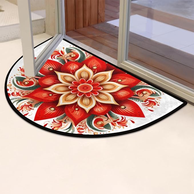 Mandala Half Round Rug Half Moon Door Mat Half Circle Rugs | Ethnic Flower Washable Non-Slip Semi Circle Rug Welcome Half Round Door Mat Indoor Entrance Kitchen Bedroom Living Room Decor