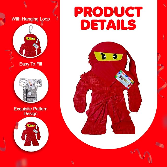 APINATA4U Red Ninja Pinata Kit (17.5x13.5x3.5 Inch) - Elevate Ninja Party Excitement with Complete Supplies, Themed Birthday Fun, Photo Prop, Decorations, Includes Stick and Mask!