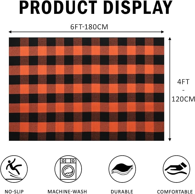 Buffalo Plaid Outdoor Rug 4x6 Ft Orange and Black Checkered Area Rug Halloween Washable Fall Indoor Outdoor Rugs for Entryway,Hallway, Kitchen, Living Room, Dining Room, Bedroom