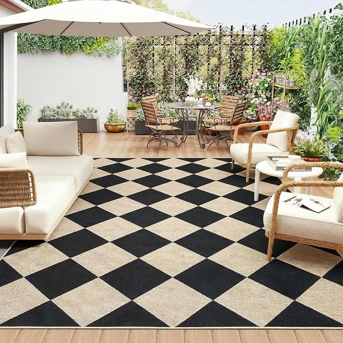 Garvee Easy Jute Rugs for Entryway 5x7 Modern Geometric Washable Rug for Living Room, Non Slip Non Shedding Diamond Outdoor Area Rug Stain Resistant Mats for Bedroom, Dining Room, Patio, Black/White