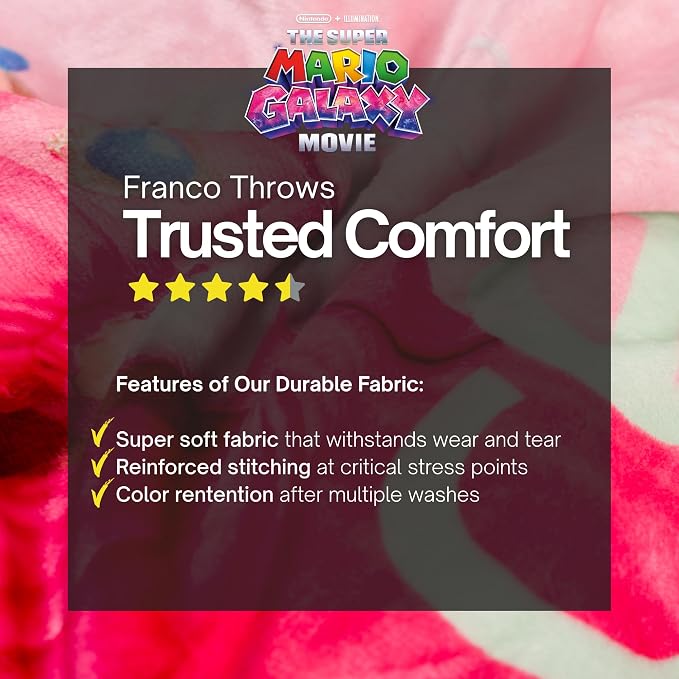 The Super Mario Galaxy Movie Throw Blanket, Princess Peach, Soft Cozy Decorative Blanket for Couch, Bed, or Gaming Room (100% Officially Licensed Product) By Franco Collectibles