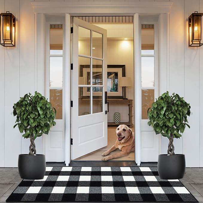 FONEYI Buffalo Plaid Outdoor Rug for Front Door Mats, 2.6'x5' Black and White Checkered Layered Door Mat with Non Slip Backing, Washable Entryway Rug for Porch, Front Porch and Farmhouse Decor