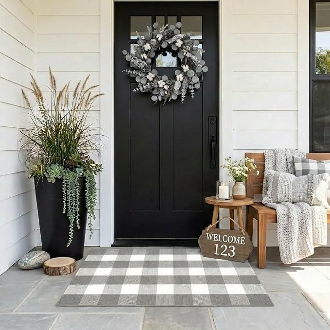 Buffalo Plaid Rug 2'4''x 3'7'' Grey and White Front Door Mat Reversible Layered Porch Rug Washable Hand Woven Cotton Area Rug for Indoor Outdoor Entryway Patio Porch Decor
