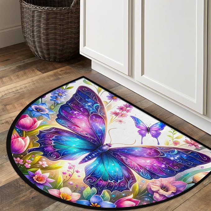 Pardick Half Round Doormat Butterfly Flower Spring Semi Circle Rug Non Slip Indoor Outdoor Entrance Half Moon Rug Washable Front Floor Mat for Kitchen Bathroom Patio Fireplace Holiday Decor