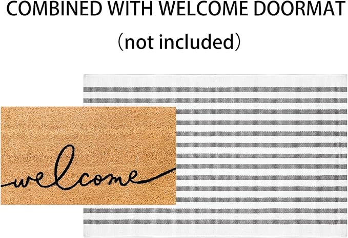Grey and White Front Door Mat Outdoor,2x3 Ft Striped Small Area Rug Cotton Woven Washable Farmhouse Layered Door Mats for Entryway/Porch Decor/Kitchen/Home Entrance