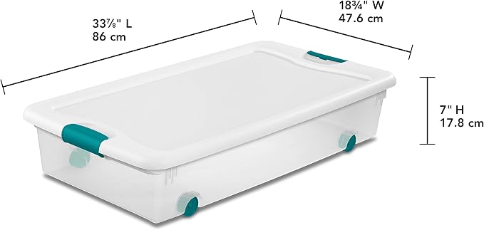 Sterilite 4-Pack 56 Quart Wheeled Latching Box, Underbed Clear Plastic Storage Organizer - Under Bed Rolling Container Bin with Lid and Wheels for Home or Dorm Bedrooms and Closets