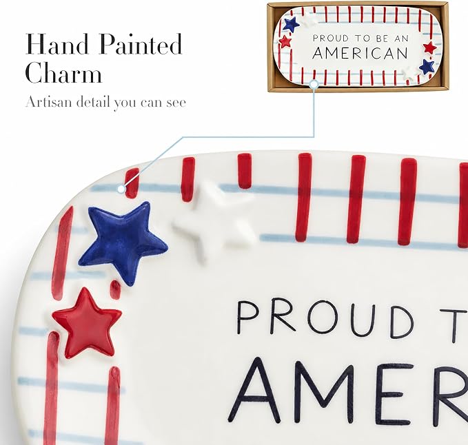 Mud Pie Blue Ceramic Plaid American Sentiment Tray
