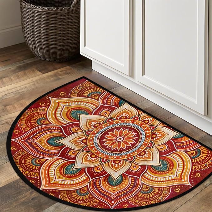 Lotu Half Round Door Mat Semi Moon Rug Fireplace Carpet Area Rugs | Red Bohemian Non Slip Absorbent Half Circle Mat Carpet for Indoor Outdoor Patio Kitchen Bathroom Entryway Home Decor