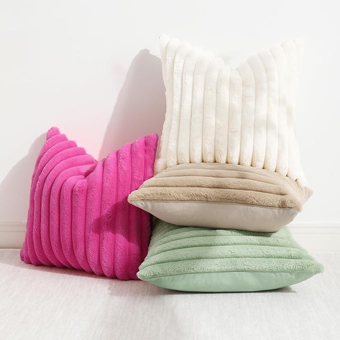 decorUhome Summer Cozy Faux Fur Throw Pillow Covers 18x18 Set of 2 Decorative Soft Plush Striped Modern Farmhouse Boho Couch Pillow Cases with Velvet Back for Sofa Bed Living Room, Sage Green