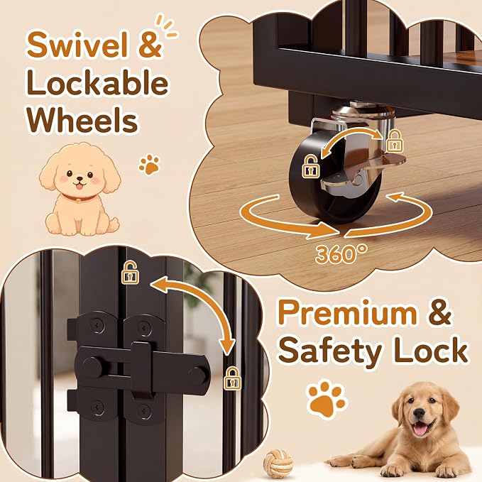 37" Dog Crate Furniture, Wooden Dog Kennel Indoor w/Storage(Rustic Brown) | Heavy Duty Pet Cage Indoor for Small & Medium Dogs, Dog Kennel with Storage Shelf, 4 Lockable Wheels and Stairs, Loft-Style