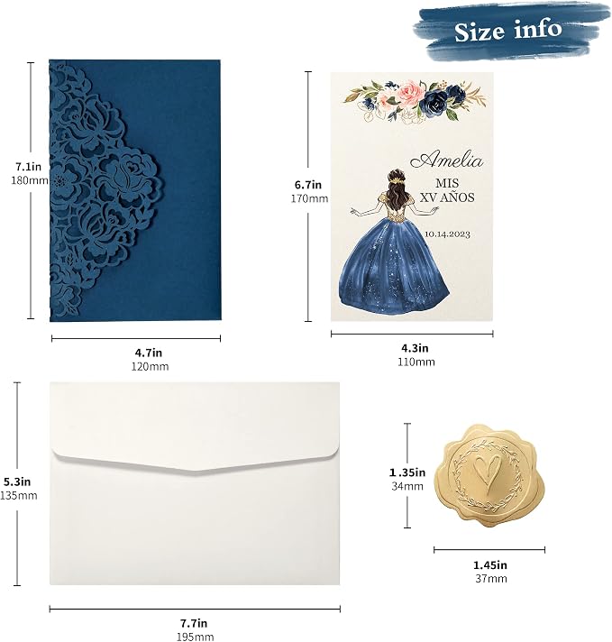 DORIS HOME 50Pcs Personalized Laser Cut Quinceanera Invitations, Blue | 4.7"x7.1", Customized Quince Invitations, For 15th Birthday, Sweet 16, With Envelopes