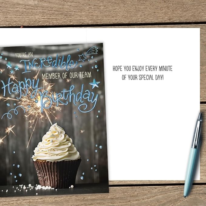 Posty Cards, Bulk 25 Pack Employee Birthday Greeting Cards for Businesses, Employees, HR & Staff Appreciation (Cupcake & Stars Design with Blue Foil) 7.5" x 5.5", Message Inside, 26 White Envelopes Included
