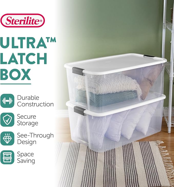 Sterilite Ultra Latch Box with Lids for Home and Office, 116 Quart, 8-Pack | Heavy-Duty and Stackable Plastic Containers with Latches for Closet, Cabinet, Bedroom, Bathroom and Dorm Room Organization