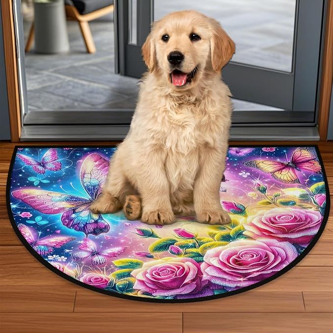 Rose Half Round Door Mat Semi Circle Rug Half Moon Doormat | Soft Washable Colorful Butterfly Welcome Entrance Mat for Outdoor Indoor Floor Bedroom Bathroom Home Kitchen Festival Decor