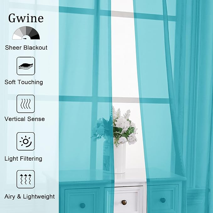 Gwine Turquoise Sheer Curtain Tiers 24 Inch Length, Light Filtering Voile Short - Image 3