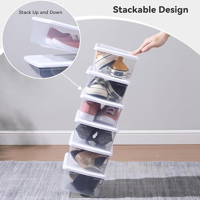 novelinks 12 Pack 6 Quart Clear Plastic Shoe Storage Bins with Lids(White) | Shoe Boxes Clear Plastic Stackable, Clear Shoe Storage Boxes, Shoe Containers, Shoe Bins, Craft Organizers and Storage