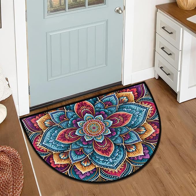 Flower Half Round Door Mat Semi Circle Rug Half Moon Doormat | Soft Washable Colorful Boho Welcome Entrance Mat for Outdoor Indoor Floor Bedroom Bathroom Home Kitchen Festival Decor