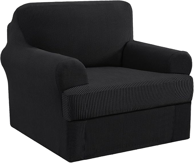 H.VERSAILTEX Stretch 2 Piece Chair Covers for Armchair Chair Covers for Living Room Furniture Cover Suit for T Cushion/Box Cushion, Spandex Jacquard Fabric Small Checks(Armchair-Oversized, Jet Black)
