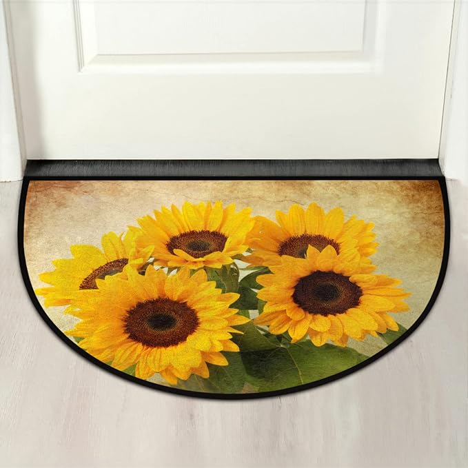 Pardick Half Round Doormat Retro Flower Sunflower Non-Slip Half Circle Area Rug Durable Washable Runner Mat for Living Room Bedroom Indoor Outdoor Kitchen Floor Home Decor Half Moon Rug
