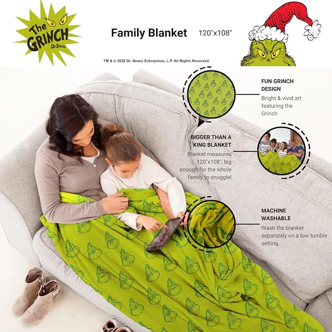 Dr. Seuss The Grinch Holiday Christmas Bedding Super Cozy Oversized Family Size Blanket, 120 in x 108 in, (Officially Licensed Product) By Franco Collectibles