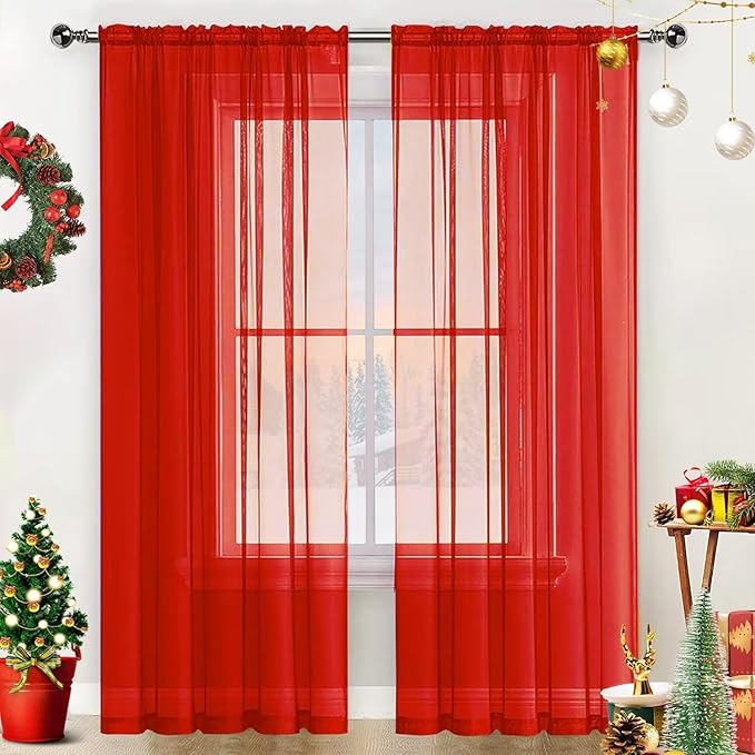 SpaceDresser Basic Rod Pocket Sheer Voile Window Curtain Panels White 1 Pair 2 Panels 70 Width 108 Inch Long for Kitchen Bedroom Children Living Room Yard(Red,70 W x 108 L)